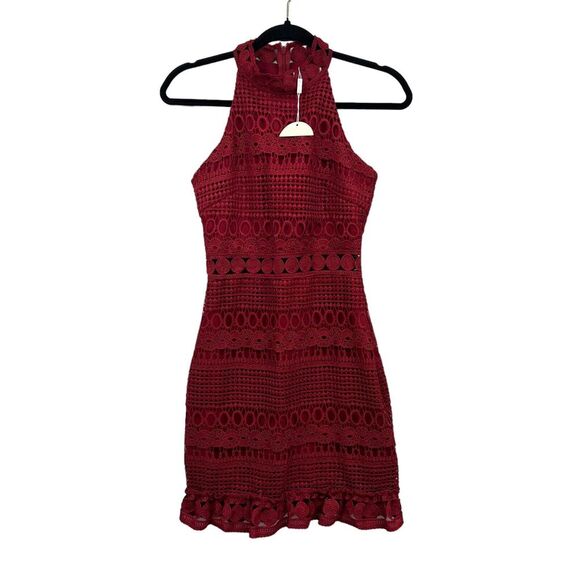 Two Sisters Womens Sheath Halter Dress Lace Eyelet Ruffled Hem Lined Zip Red 6 - Picture 1 of 6